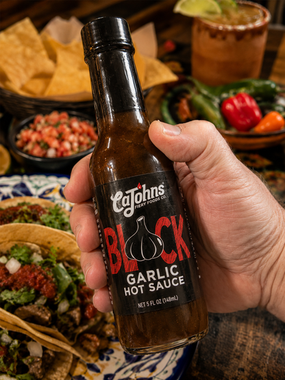 A hand holding a bottle of Cajuns Family Foods Black Garlic Hot Sauce, with a blurred background of Mexican food like tacos, tortillas, and salsa.