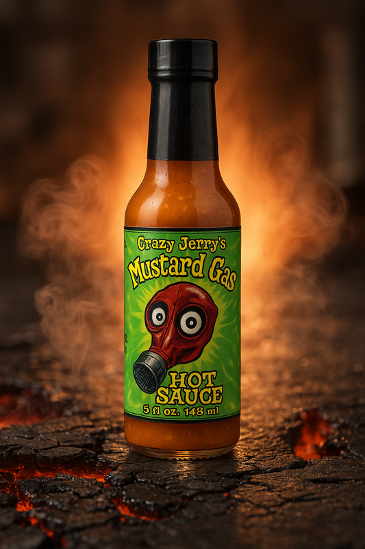 A 5-ounce bottle of Crazy Jerry’s Mustard Gas Hot Sauce standing on cracked, glowing lava-like ground with smoke rising around it. The label is bright green with a cartoon red gas mask and bold yellow lettering that reads “Mustard Gas Hot Sauce.” The background glows orange, giving the scene a fiery, intense look.