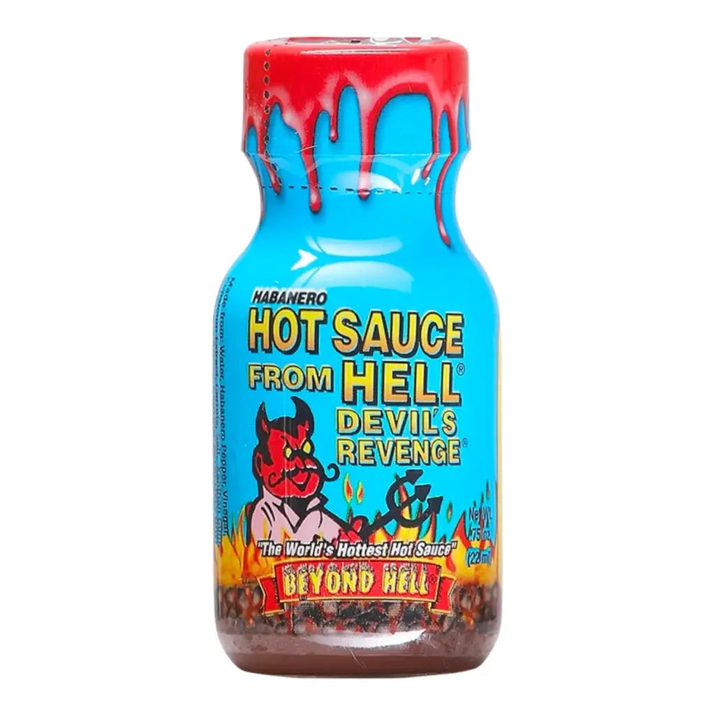 Habanero Devil’s Revenge Hot Sauce BEYOND HOT mini bottle with capsicum extract and habanero peppers extreme heat 0.75 fl oz UPC 089382116929