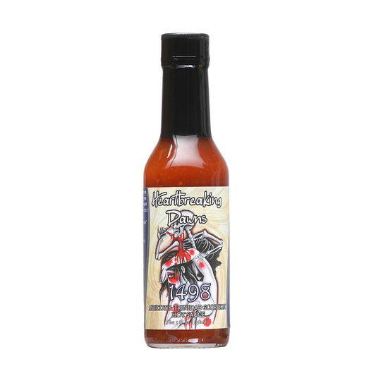 A bottle of Heartbreaking Dawn's 1498 Trinidad Scorpion Sauce featuring a bold label with scorpion imagery and the text 'Get Ready to Tame the Trinidad Scorpion with Our 1498 Hot Sauce!' The design evokes a sense of fiery adventure and heat. UPC: 683720300645