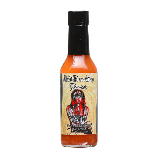 A bottle of Heartbreaking Dawn's 1841 Ghost Pepper Hot Sauce with a label featuring ghostly imagery and fiery elements, along with the text 'Get Ready to Tango with Ghosts - Heartbreaking Dawn's 1841 Ghost Pepper Hot Sauce!' The design evokes a sense of fiery and haunting flavor. UPC 683720300638.