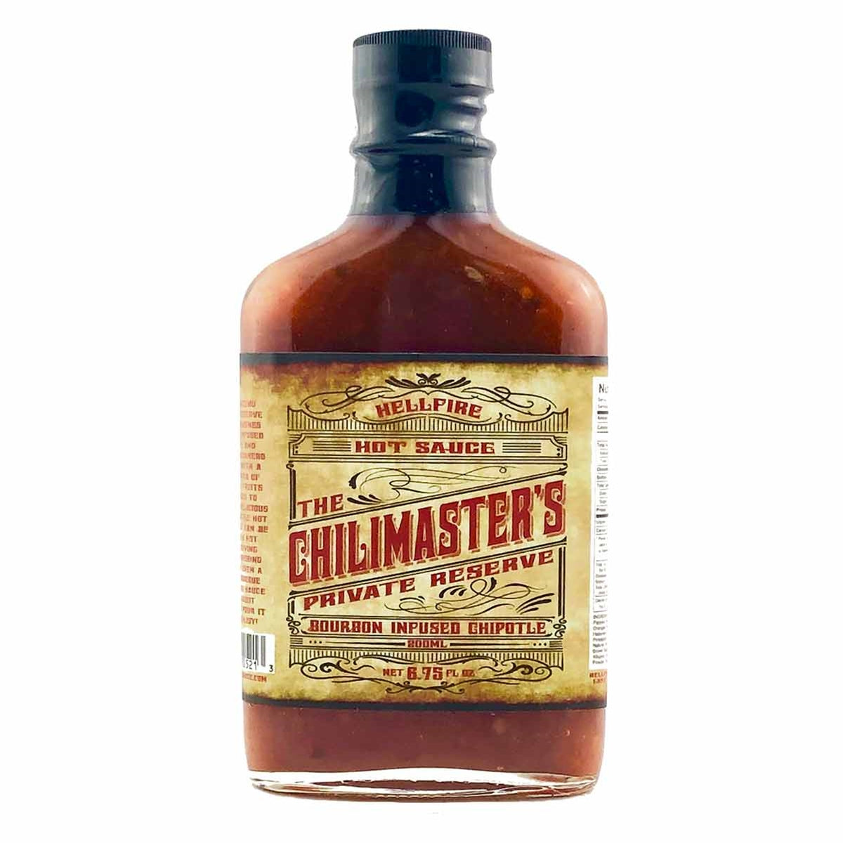 A bottle of The Chilimaster's Private Reserve Bourbon Infused Chipotle Sauce. The label features a smoky background with a bottle illustration and the text "The Chilimaster's Bourbon Infused Chipotle Sauce: Unleash the Flavor Explosion!" UPC: 855713005213.