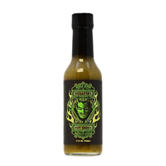 A bottle of Devil's Blend Roasted Reaper Hot Sauce featuring a flavorful blend of fire-roasted peppers, tomatillos, garlic, cilantro, Granny Smith green apples, scallions, lime, and spices. This vegan and gluten-free sauce delivers a mild kick (4/10 heat level) that enhances your favorite dishes. Enjoy the addictive combination of flavors and the guilt-free, zero-calorie experience. UPC: 855713005459.