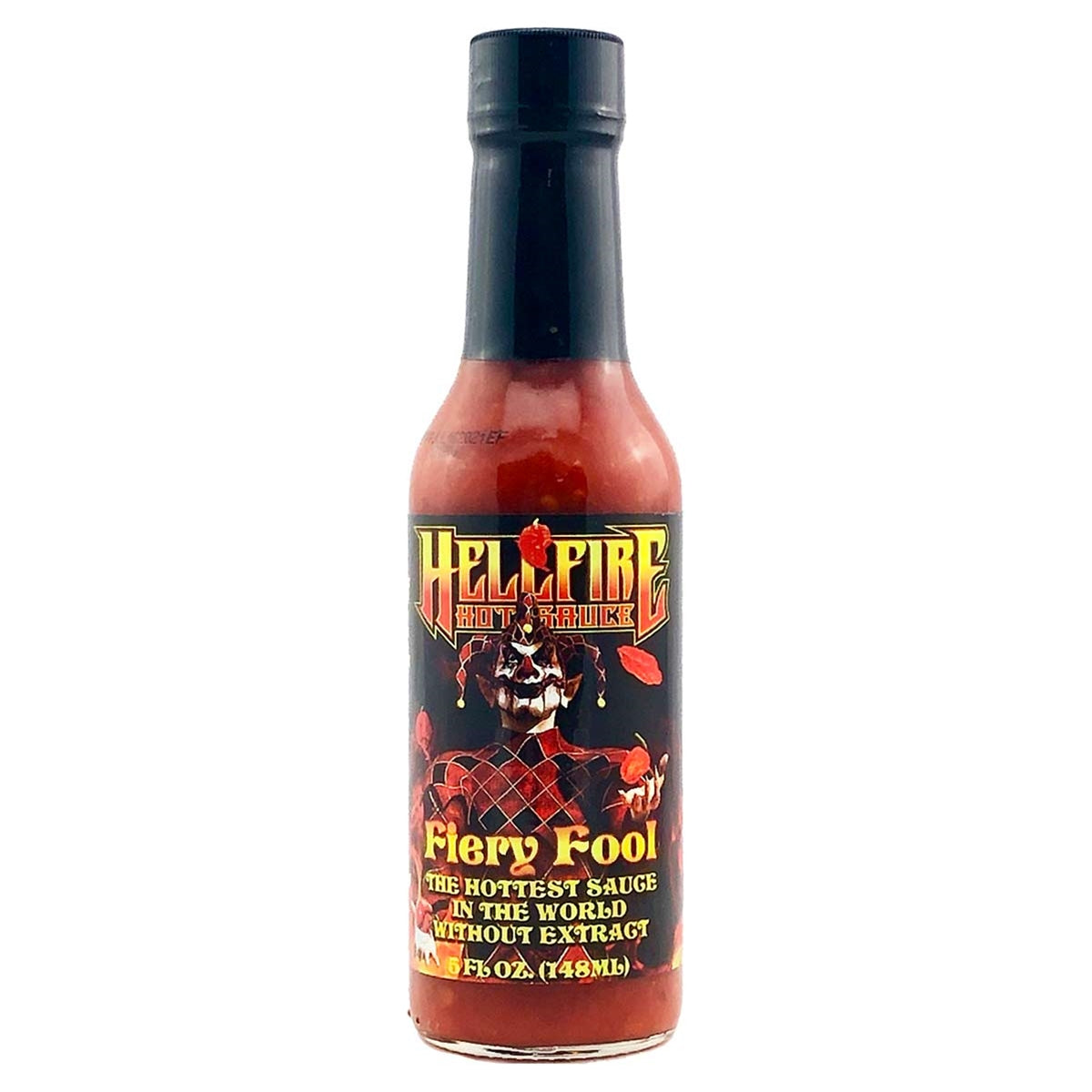 A bottle of Hellfire Fiery Fool Hot Sauce. The label features flames and the text "Hellfire Fiery Fool Hot Sauce: Dare to Embrace the Heat!" UPC: 855713005268