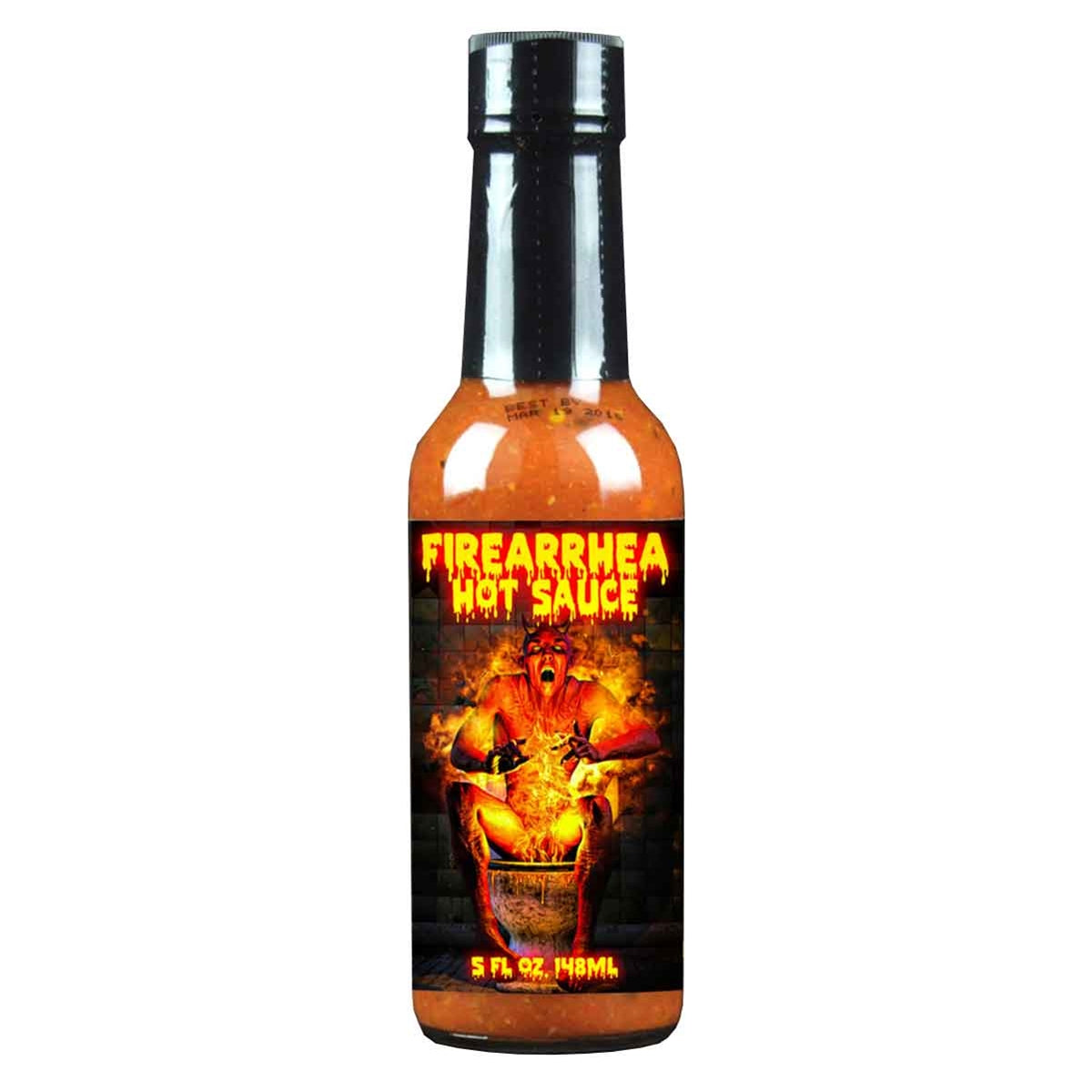 A bottle of Hellfire Firearrhea Hot Sauce. The label features flames and the text "Hellfire Firearrhea Hot Sauce: Unleash the Flames!" UPC: 855713005312.