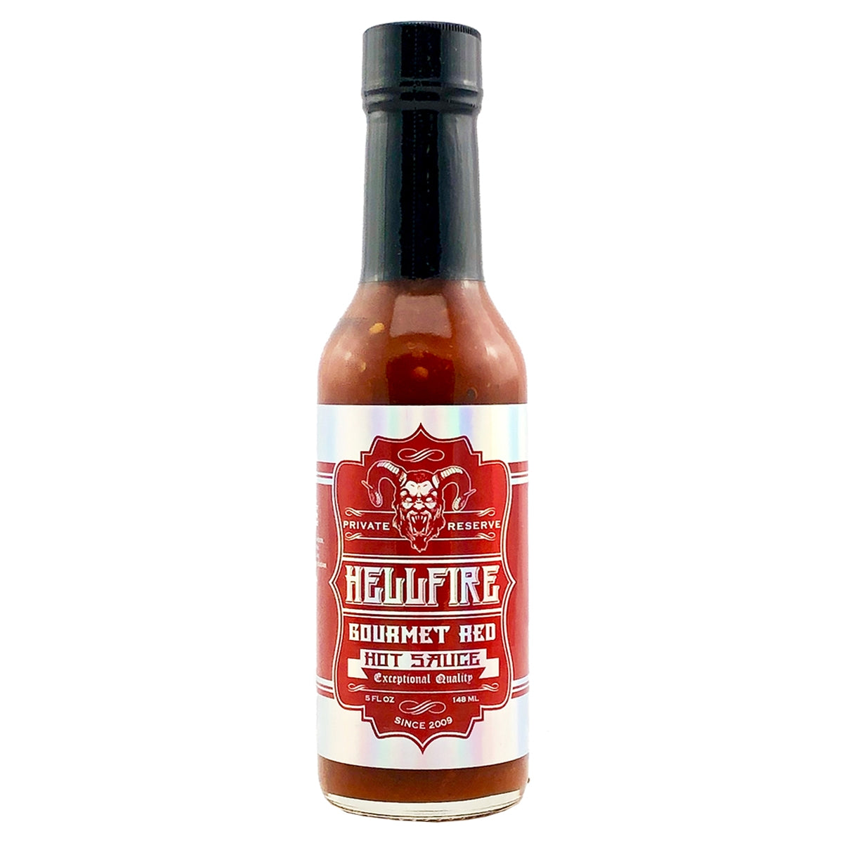 A bottle of Hellfire Gourmet Red Hot Sauce. The label features flames and the text "Hellfire Gourmet Red Hot Sauce: Unleash the Flavorful Fire!" UPC: 855713005084.