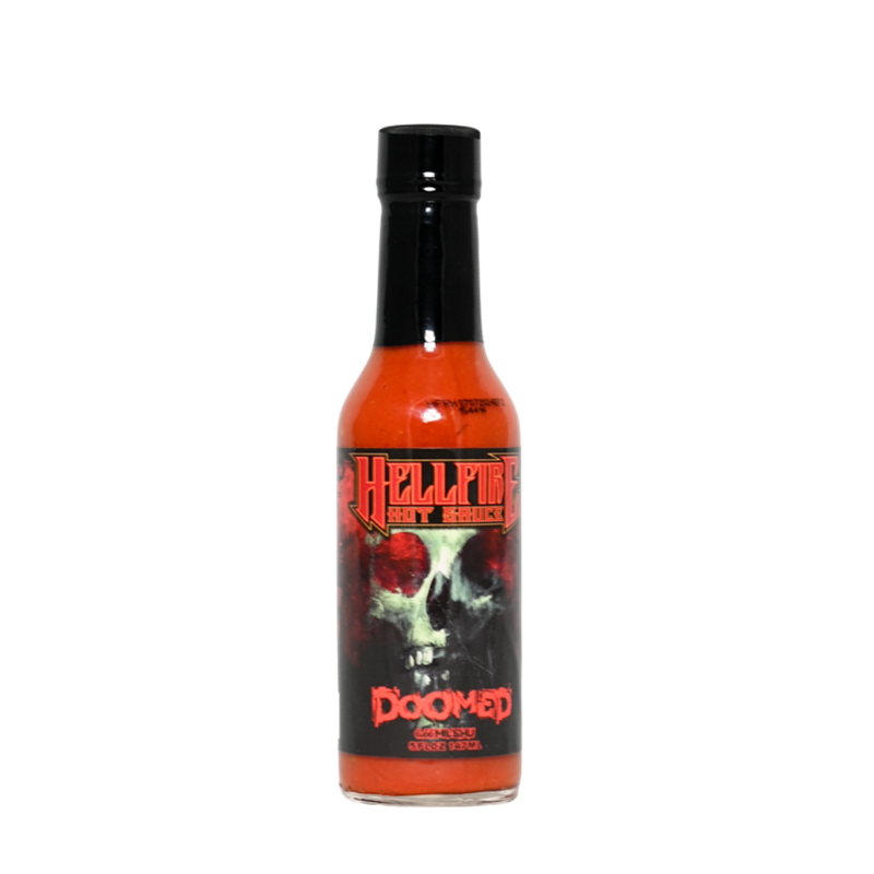 A bottle of Hellfire Hellboy Doomed Hot Sauce - Right Hand of Doom. The label features flames, the Hellboy logo, and the text "Hellfire Hellboy Doomed Hot Sauce - Right Hand of Doom: Unleash the Fiery Demon within!" UPC: 855713005442