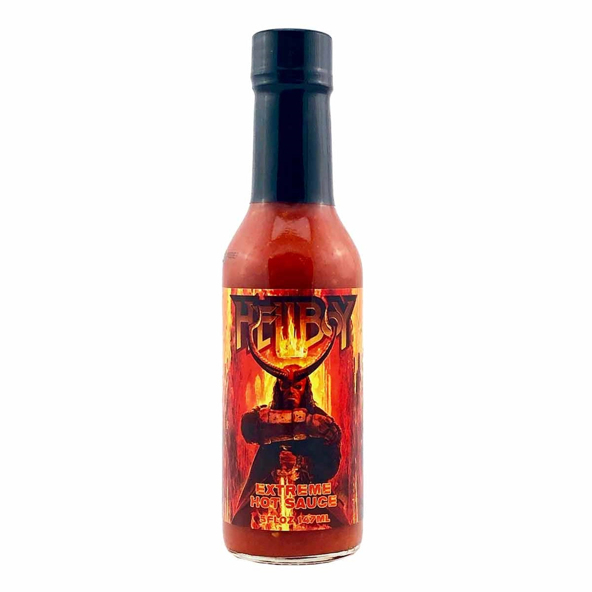 A bottle of Hellfire Hellboy Extreme Hot Sauce - the Officially Licensed Hellboy 2019 Movie Hot Sauce. The bottle features a fiery design with the text "Hellfire Hellboy Extreme Hot Sauce" and "Officially Licensed Hellboy 2019 Movie Hot Sauce." UPC: 855713005428.