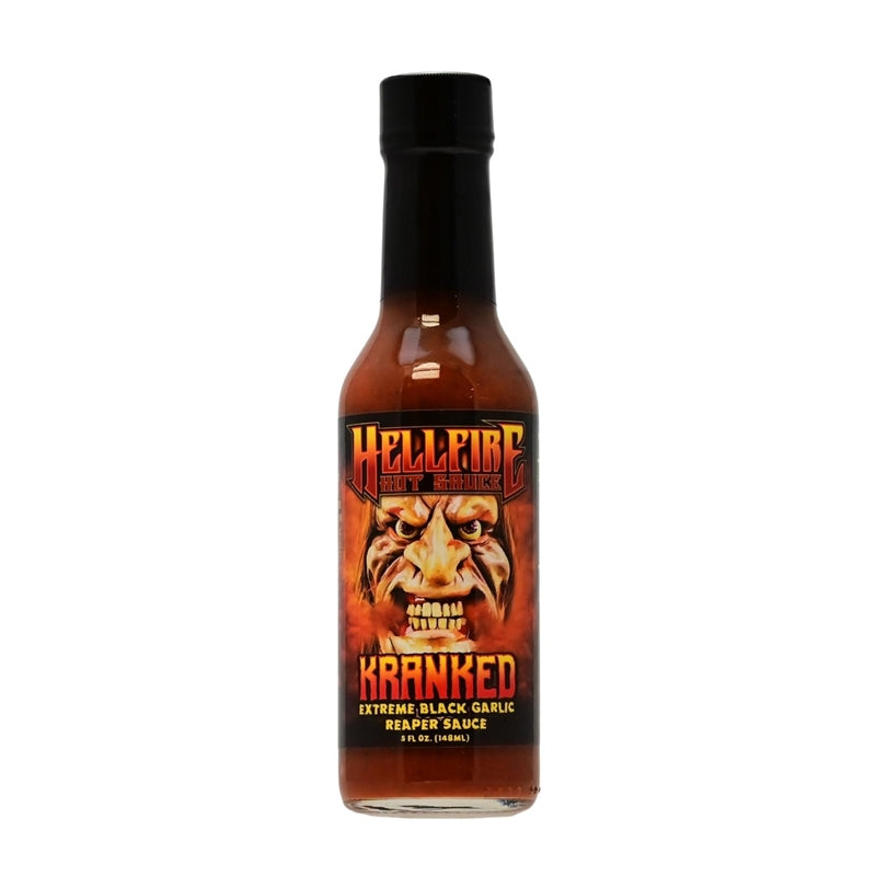 A bottle of Hellfire Kranked Hot Sauce with a fiery design, featuring the text "Multi-Award Winning Black Garlic &amp; Reaper Hot Sauce." The sauce is known for its intense heat and bold flavor. UPC: 855713005503.