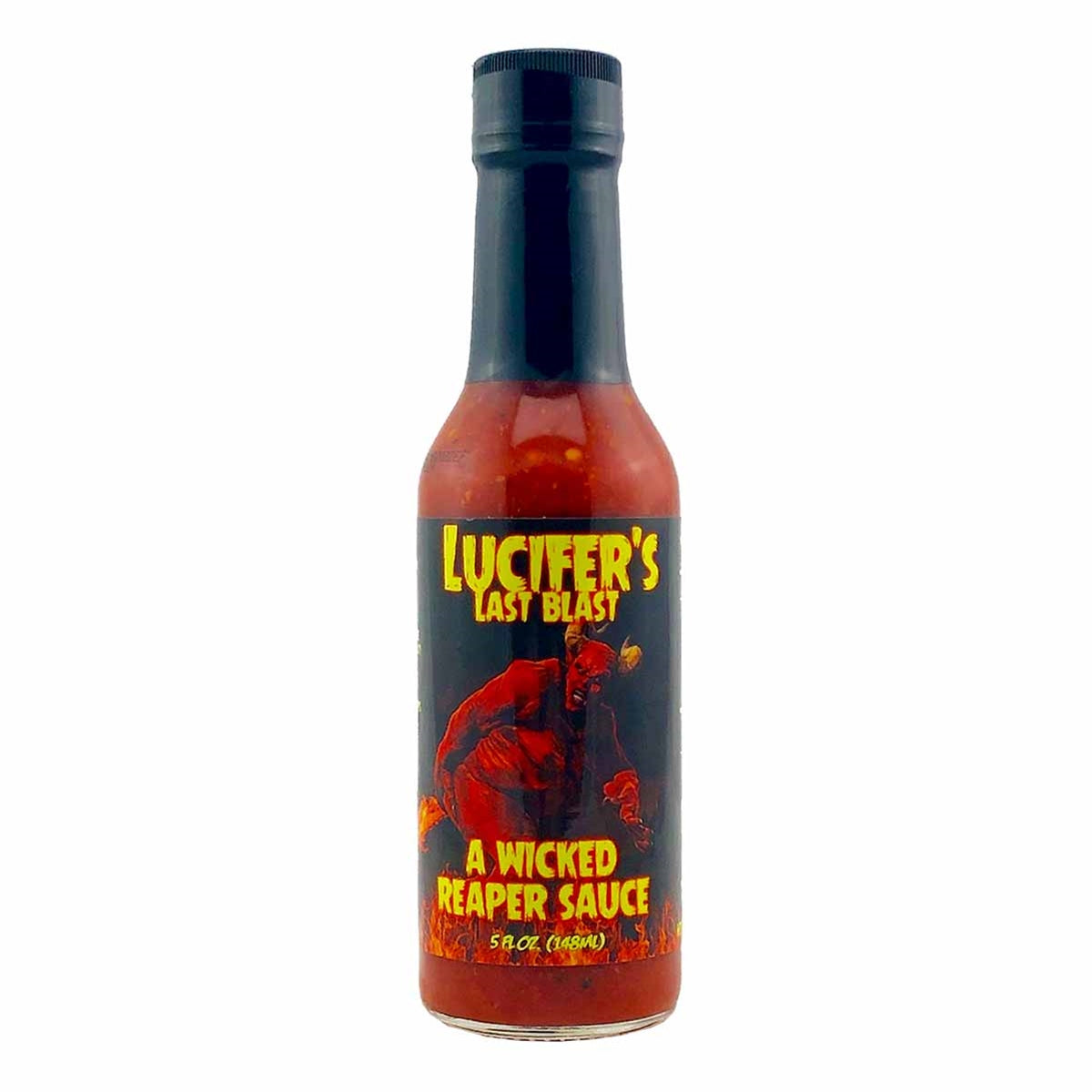 Experience the scorching heat of Hellfire Lucifer's Last Blast Hot Sauce, featuring the legendary Carolina Reaper pepper. This wicked concoction contains nearly 65% pure Reaper mash for an intense and fiery flavor. Beware, as this sauce is not for the faint-hearted and may cause hiccups and Capsaicin cramps. Embrace the challenge and enjoy the health benefits of Capsaicin. Just remember to handle with care and use sparingly, as a few drops are enough to leave you in awe. UPC: 855713005343.