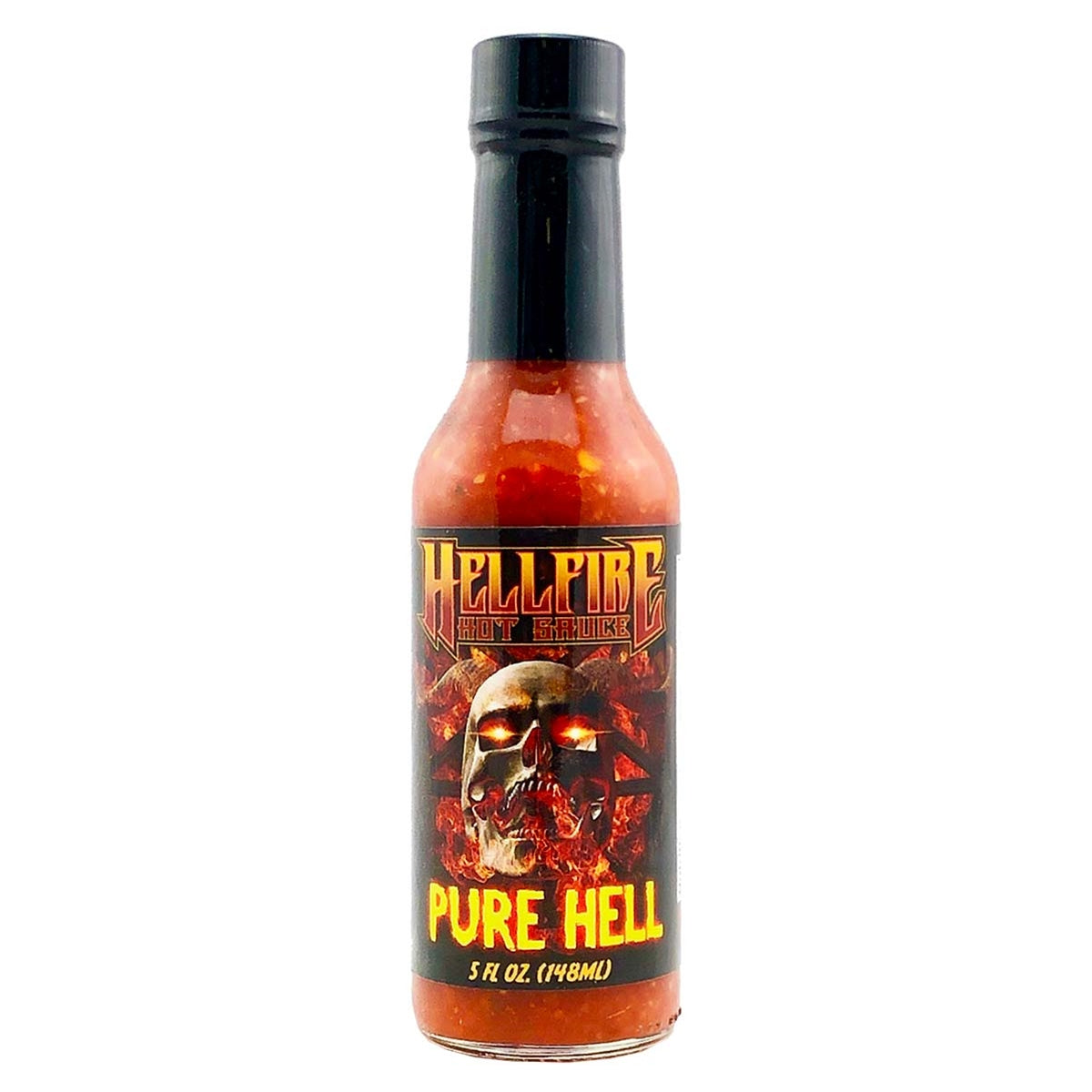 A bottle of Hellfire Pure Hell Hot Sauce, an award-winning sauce that ignites your taste buds with a blend of Bhut Jolokia, Red 7-Pot, and Trinidad Scorpion peppers. Infused with garlic, onions, and a variety of flavors, this versatile sauce adds a fiery kick to any dish. Heat Level: 6/10. UPC: 855713005008.