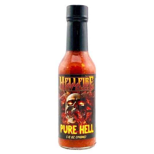 A bottle of Hellfire Pure Hell Hot Sauce, an award-winning sauce that ignites your taste buds with a blend of Bhut Jolokia, Red 7-Pot, and Trinidad Scorpion peppers. Infused with garlic, onions, and a variety of flavors, this versatile sauce adds a fiery kick to any dish. Heat Level: 6/10. UPC: 855713005008.