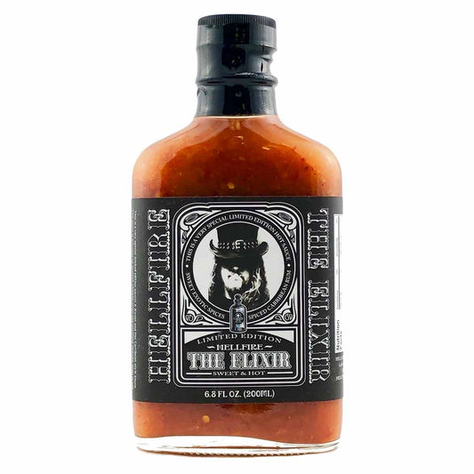 A bottle of Hellfire The Elixir Hot Sauce. The label features an illustration of a man with a top hat and the text "Hellfire The Elixir Hot Sauce: Unleash the Flavor Explosion!" UPC: 855713005060.