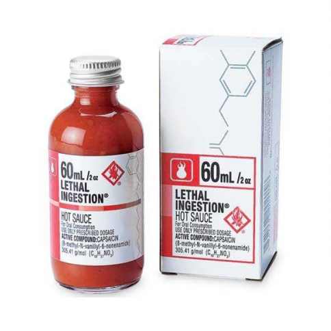 Hot sauce bottle and packaging labeled 'Lethal Ingestion' on a white background