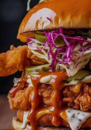 A close-up shot of a gourmet chicken sandwich featuring crispy fried chicken, pickles, shredded cabbage, and a rich orange sauce on a dark background.