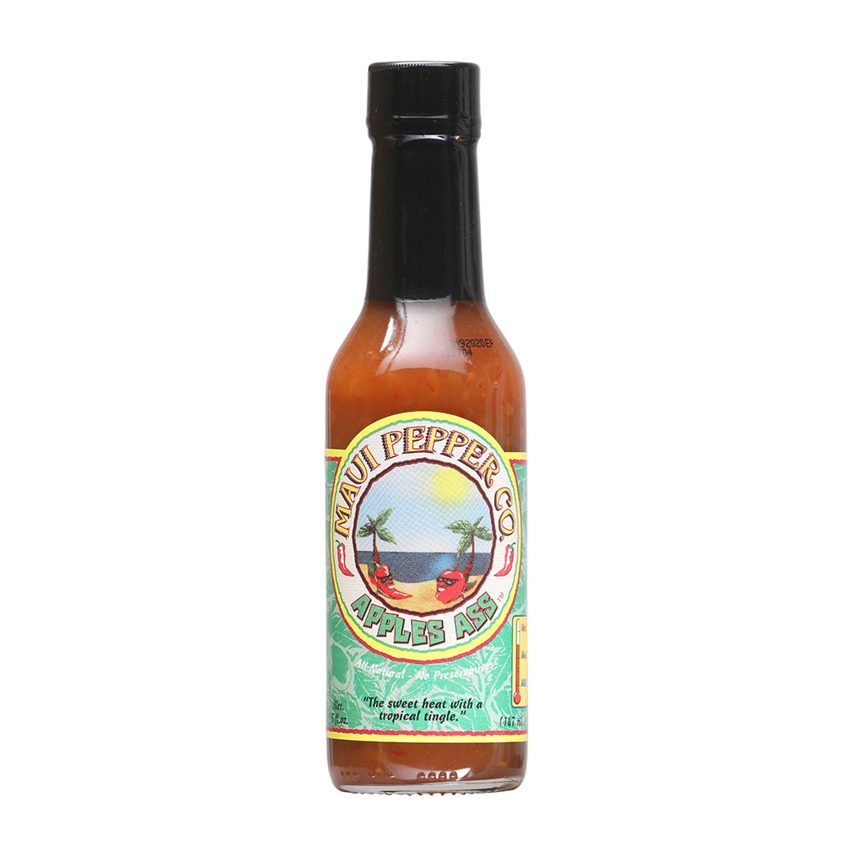 A bottle of Maui Pepper Apples Ass Hot Sauce with a tropical-themed label featuring an illustration of apples and a beach scene. The text reads "Maui Pepper Apples Ass Hot Sauce - Get ready to sizzle your taste buds with a tropical tango of flavors! UPC: 002234000092.