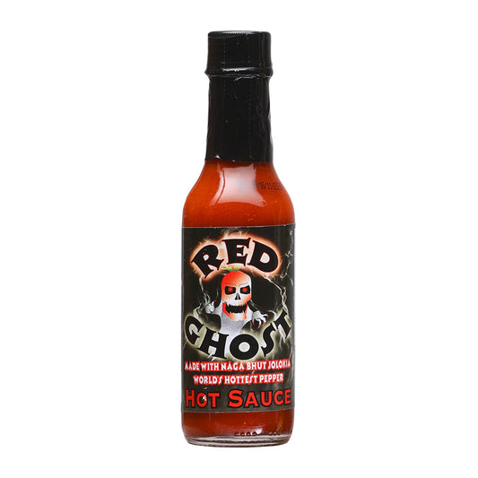 A 5-ounce bottle of Red Ghost Hot Sauce featuring a haunting label design. The label showcases a ghostly figure with flames and chili peppers, evoking a sense of fiery intensity. The text highlights the sauce's heat level (8), key ingredients (Cayenne, Habanero, Naga Bhut Jolokia peppers, capsicum, vinegar, and salt), and nutrition facts. The UPC code 793680101128 is displayed for easy identification.