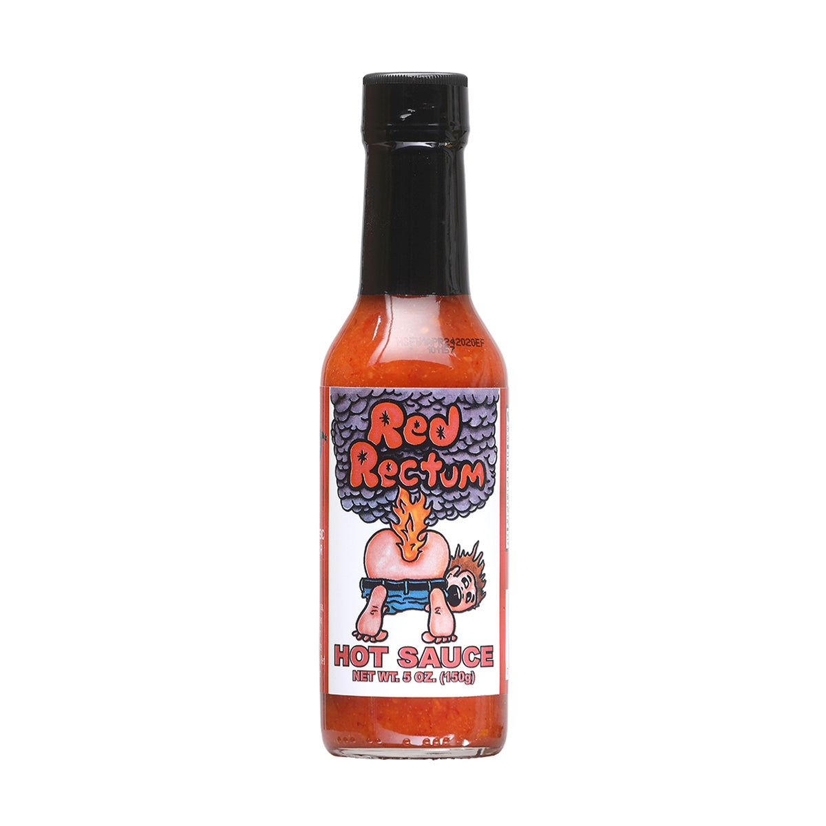 A small bottle of Red Rectum Hot Sauce featuring a fiery label design with flames shooting out of a butt. The hot sauce is positioned in the center, surrounded by text describing its fiery and intense flavor. The ingredients, nutrition facts, and UPC (735051020362) are also provided.