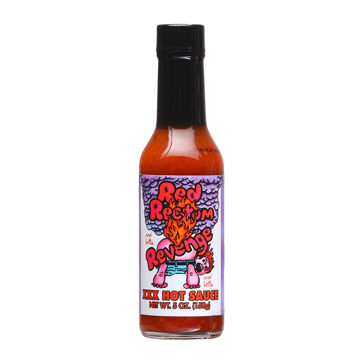 A bottle of Red Rectum Revenge Hot Sauce featuring a label design with a graphic flame shooting out of a butt. The 5 oz. bottle contains a fiery blend of Scotch Bonnet peppers, Habanero peppers, carrots, onions, vinegar, salt, lemon juice, garlic, and more. UPC: 735051030071.