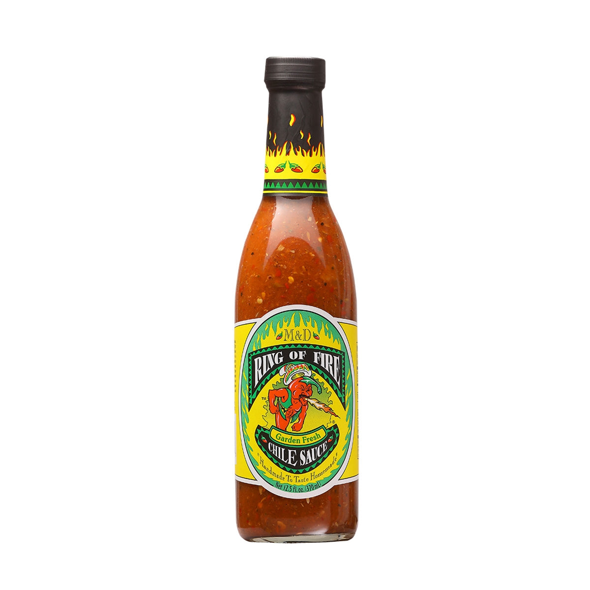 A bottle of Ring of Fire Garden Fresh Chile Sauce Hot Sauce, featuring a vibrant label design with a chili pepper and garden imagery. The 12 oz. bottle contains a blend of vinegar, tomatoes, onions, garlic, serrano chiles, spices, salt, and sugar. UPC: 658764000080.