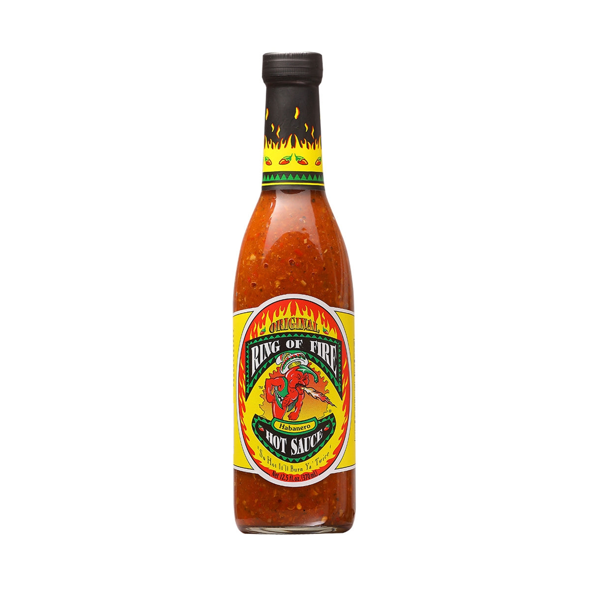 A bottle of Ring of Fire Original Hot Sauce, featuring a vibrant label design with flames and a pepper. The 12.5 oz. bottle contains a blend of tomatoes, onions, habanero chiles, roasted garlic, roasted serrano peppers, herbs, and spices. UPC: 658764000011.