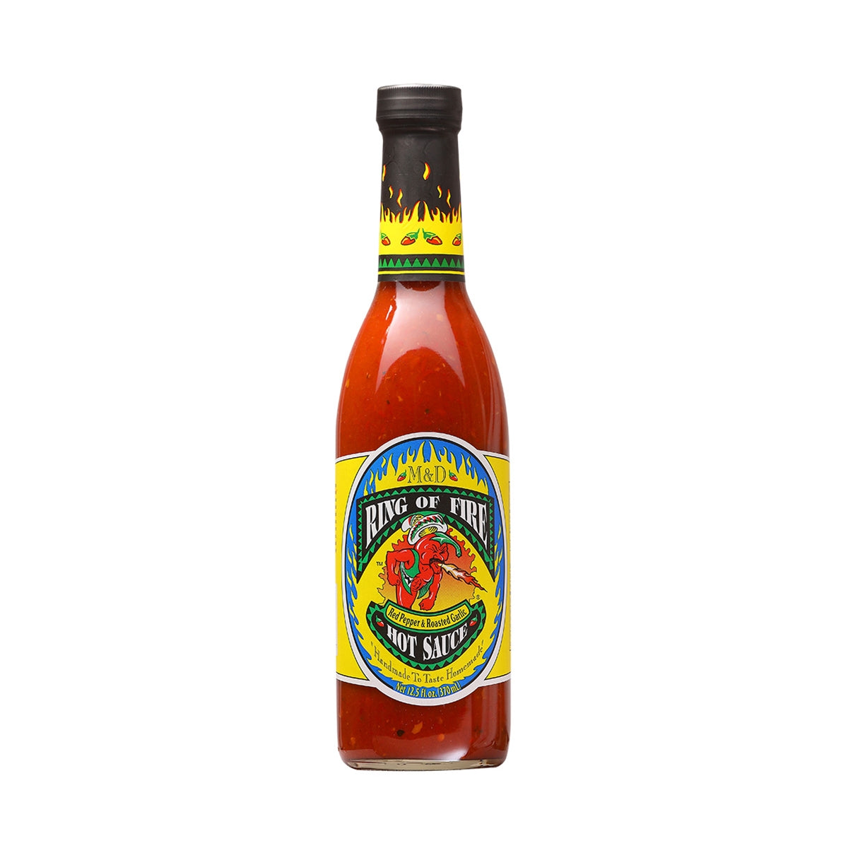 A bottle of Ring of Fire Red Pepper & Roasted Garlic Hot Sauce, featuring a vibrant label design with red peppers, garlic cloves, and flames. The 12.5 oz. bottle contains a blend of pimientos, vinegar, red pepper puree, garlic, spices, sugar, and salt. UPC: 658764000127.