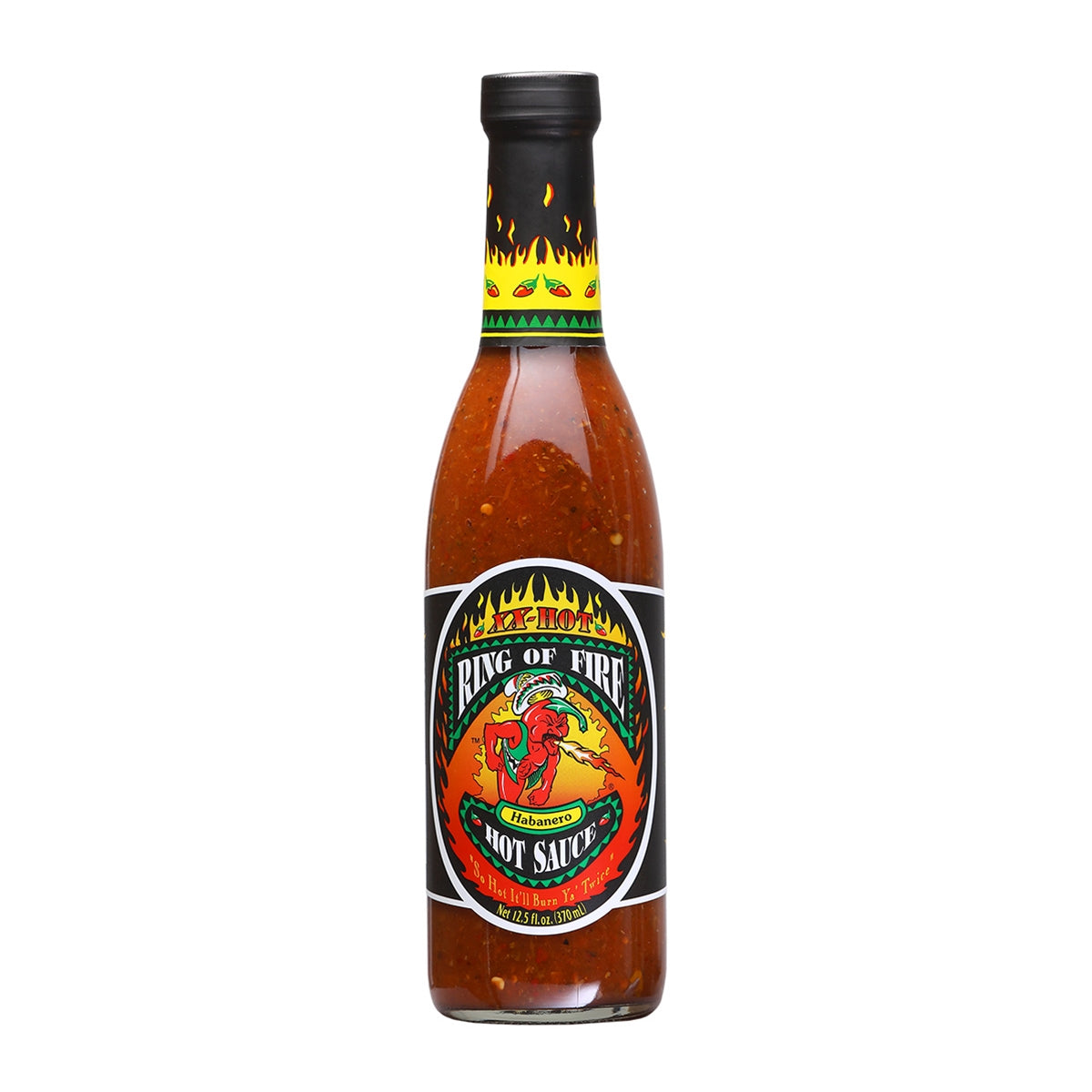 A bottle of Ring of Fire XX-Hot Habanero Hot Sauce, featuring a fiery label design with flames and a red-hot ring. The 12.5 oz. bottle contains a blend of vinegar, tomatoes, onions, habanero chiles, garlic, serrano chiles, spices, salt, and sugar. UPC: 658764000110.