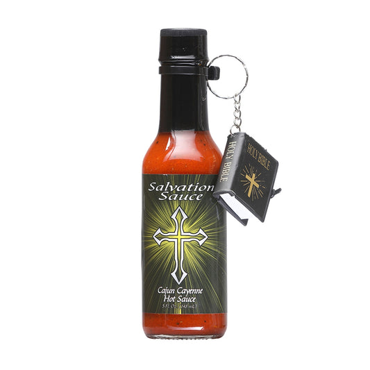 A bottle of Salvation Sauce Cajun Cayenne, featuring a captivating design with the Salvation Sauce logo and an illustration of Cajun spices. The 5 oz. bottle contains cayenne and habanero peppers, garlic, vinegar, onion, spices, and salt. UPC: 188628000722.