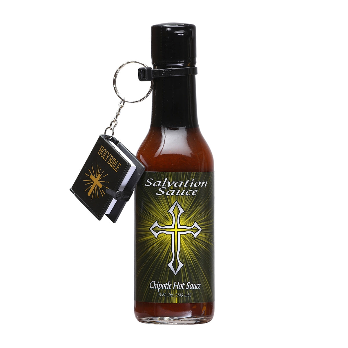 A bottle of Salvation Sauce Chipotle Hot Sauce, featuring a fiery design with the Salvation Sauce logo and an illustration of a chipotle pepper. The 5 oz. bottle contains chipotle, habanero, and cayenne peppers, garlic, onion, vinegar, black pepper, and salt. UPC: 188628000920.