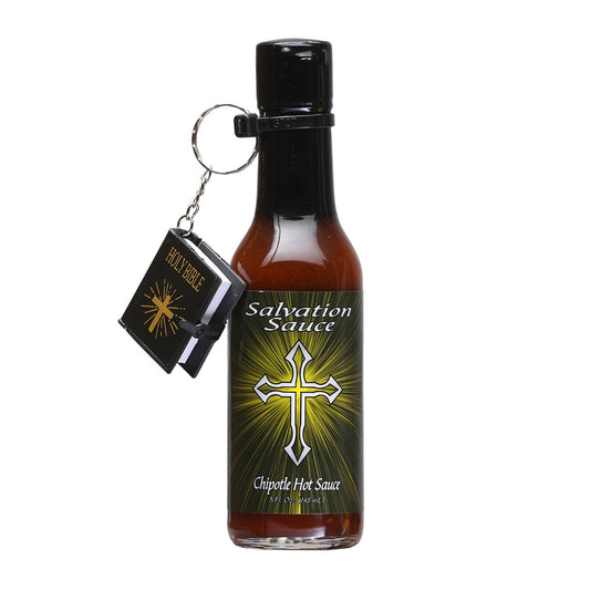 A bottle of Salvation Sauce Chipotle Hot Sauce, featuring a fiery design with the Salvation Sauce logo and an illustration of a chipotle pepper. The 5 oz. bottle contains chipotle, habanero, and cayenne peppers, garlic, onion, vinegar, black pepper, and salt. UPC: 188628000920.