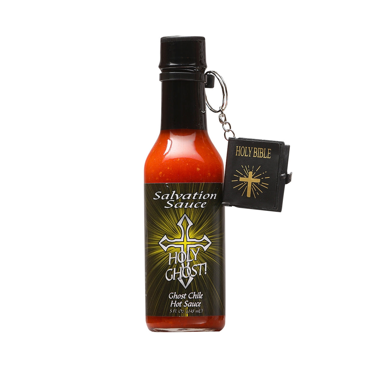 A bottle of Salvation Sauce Holy Ghost Hot Sauce, featuring a fiery design with the Salvation Sauce logo and an illustration of a ghost. The 5 oz. bottle contains fresh ghost chile peppers, vinegar, and salt. Each bottle comes with a mini Bible keychain. UPC: 188628000852.