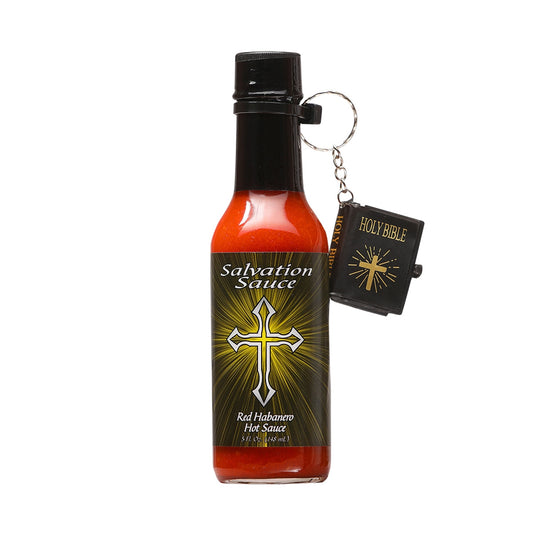 A bottle of Salvation Sauce Red Habanero, a hot sauce packed with intense heat and flavorful ingredients. The 5 oz. bottle features a vibrant label design with the Salvation Sauce logo and a depiction of a devil. The sauce contains red habanero peppers, garlic, vinegar, and salt. UPC: 188628000845.