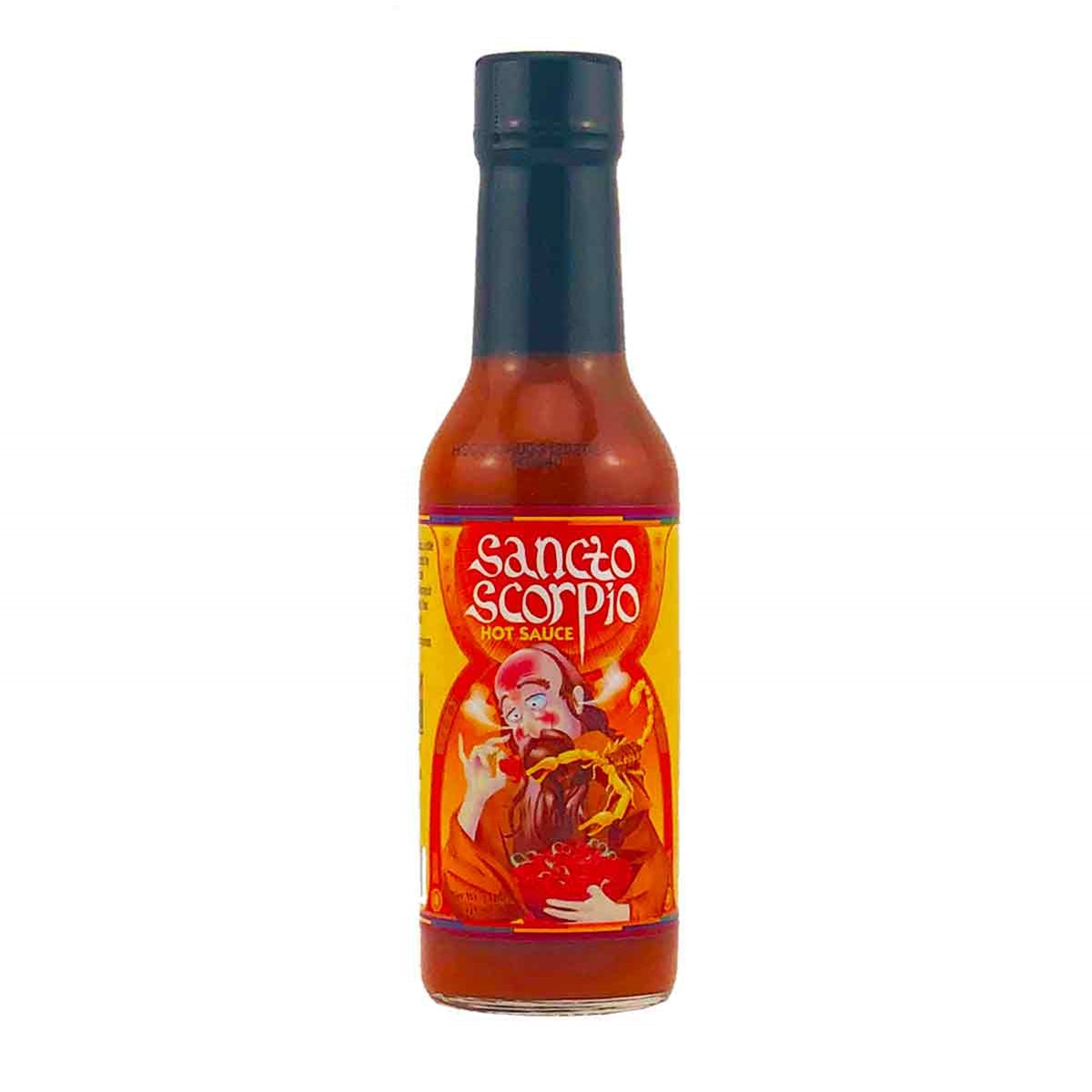 A bottle of Sancto Scorpio Hot Sauce, a fiery Louisiana-style sauce packed with intense heat and flavorful ingredients. The 5 oz. (148 ml) bottle features a dynamic label design with the Sancto Scorpio logo and a depiction of a scorpion. The sauce contains Trinidad Scorpion Chiles, vinegar, sugar, salt, granulated garlic, lemon extract, and xanthan gum. UPC: 647293003037.