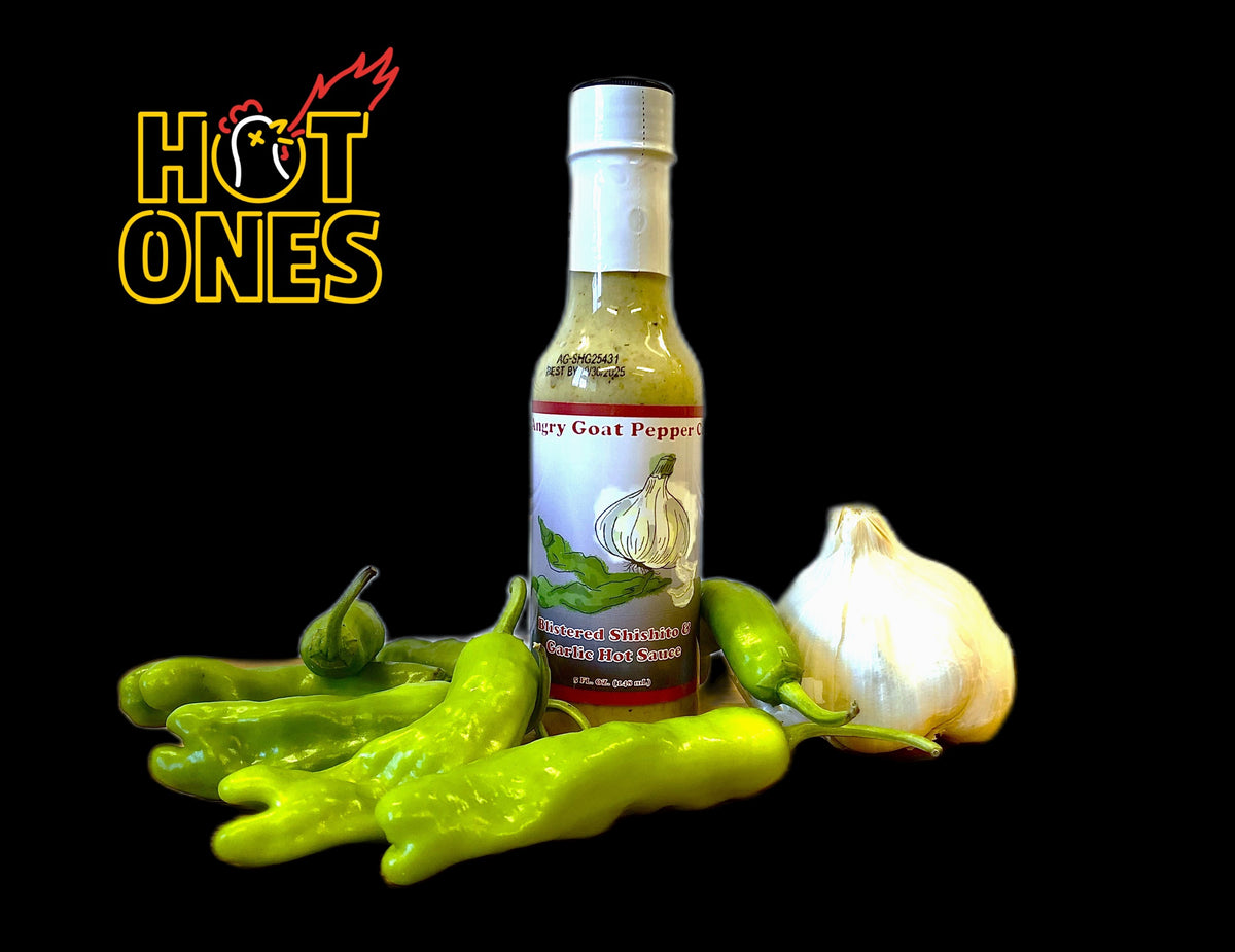 Angry Goat Pepper Co. Blistered Shishito & Garlic Hot Sauce, featuring Garlic, shown in a manufacturer lifestyle setting