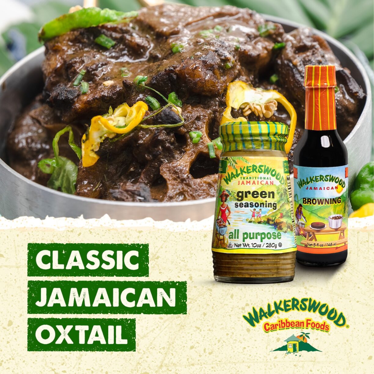 Walkerswood Hot Jamaican Jerk Seasoning 10 oz., featuring Scotch Bonnet, shown with prepared food in a manufacturer lifestyle setting